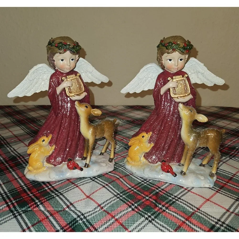 Set Of 2 Adorable Sparkly Angel & Friends Holiday Figurines Table Accent Decor